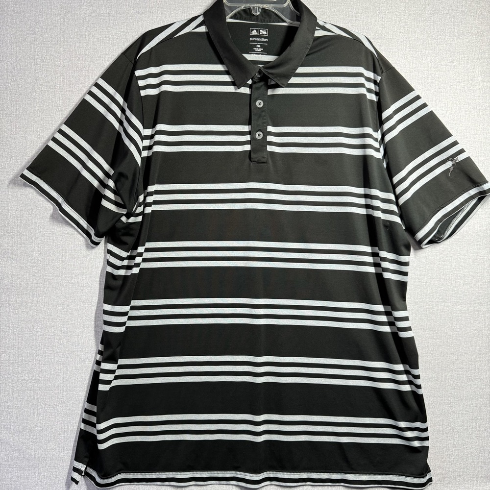 Adidas Polo Shirt Mens 2XL Black Striped Puremotion Golf Short Sleeve Top‎